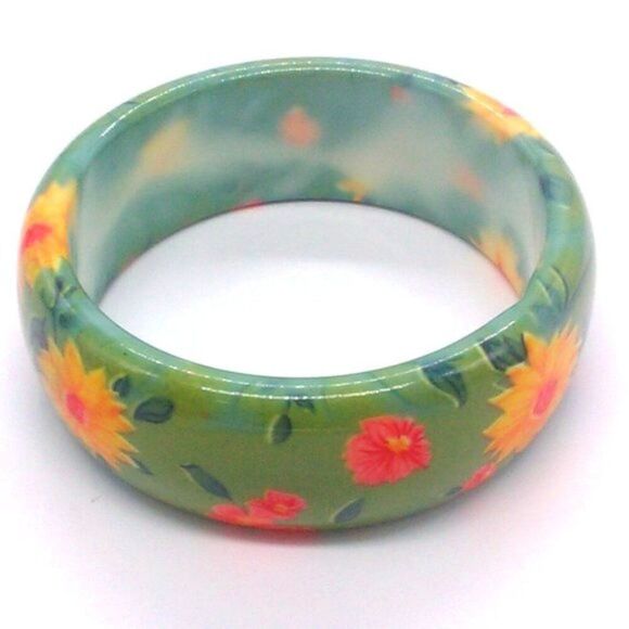 Vintage Chunky Green Orange Red Floral Bangle Bracelet 1" Wide - Picture 1 of 9